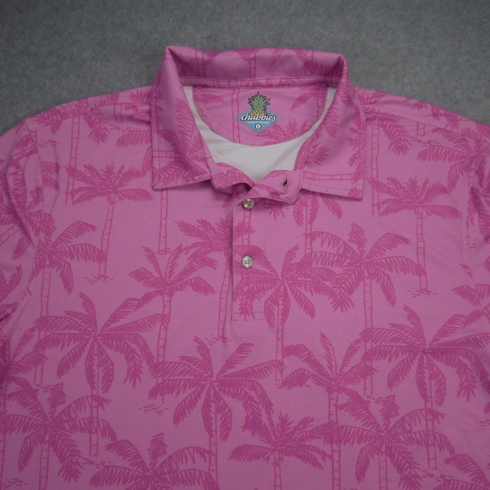 Chubbies Polo Shirt Mens Large Pink Palm Tree Performance Short Sleeve Stretch - Picture 2 of 16